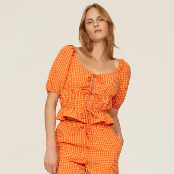 Louna Tops - Louna Orange Gingham Tie Top | L-XL